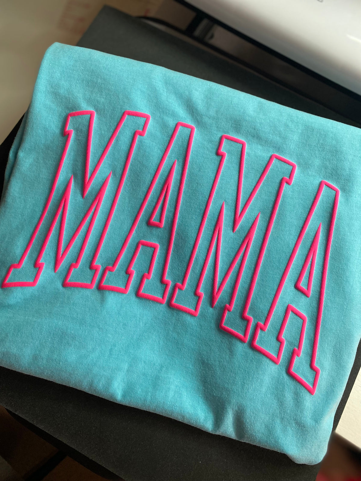 Mama Puff Comfort Color Tee - Lagoon Blue / Neon Pink