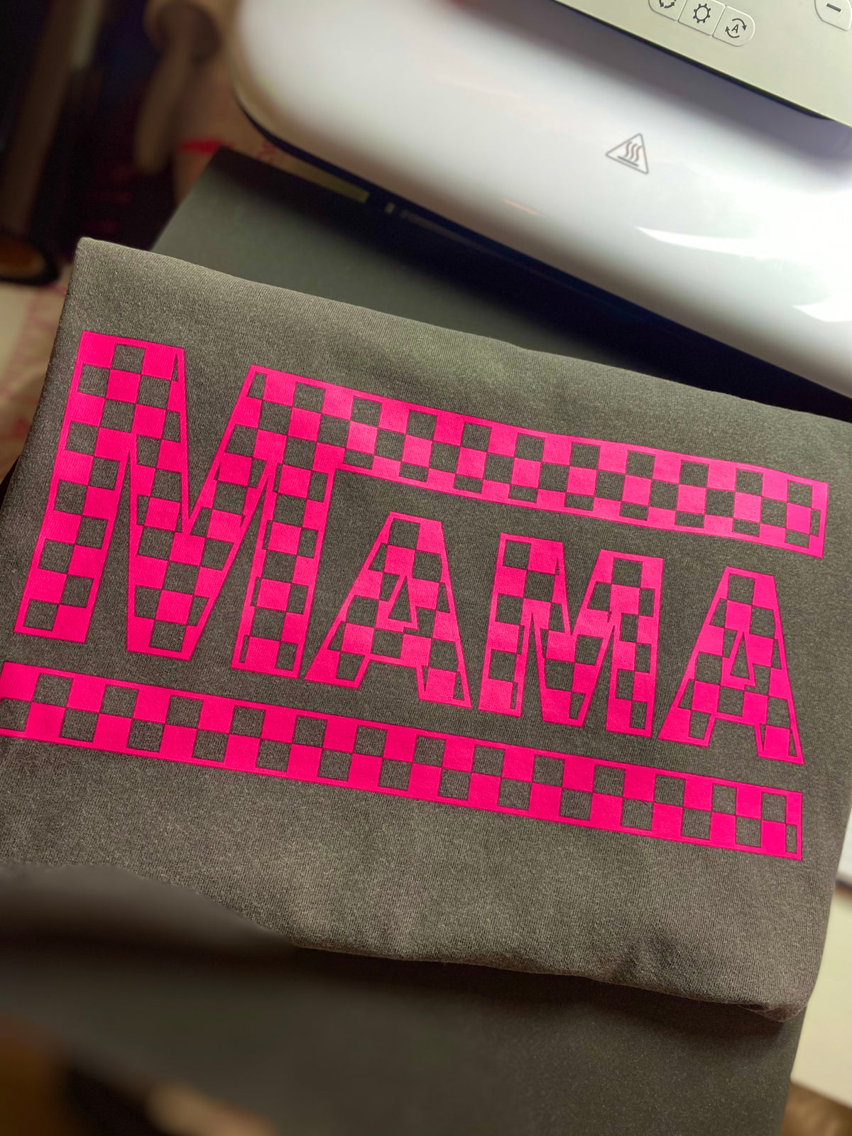 Mama Checkered Neon Pink Comfort Color Tee - Pepper