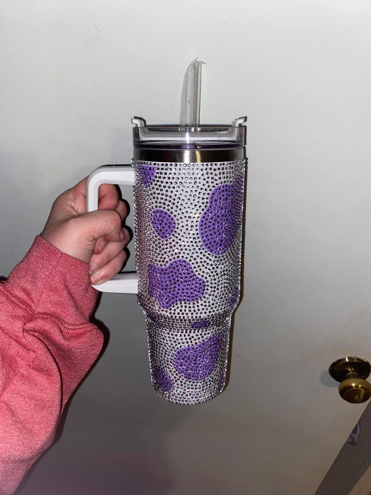 Cow Print Rhinestone Tumbler - Purple