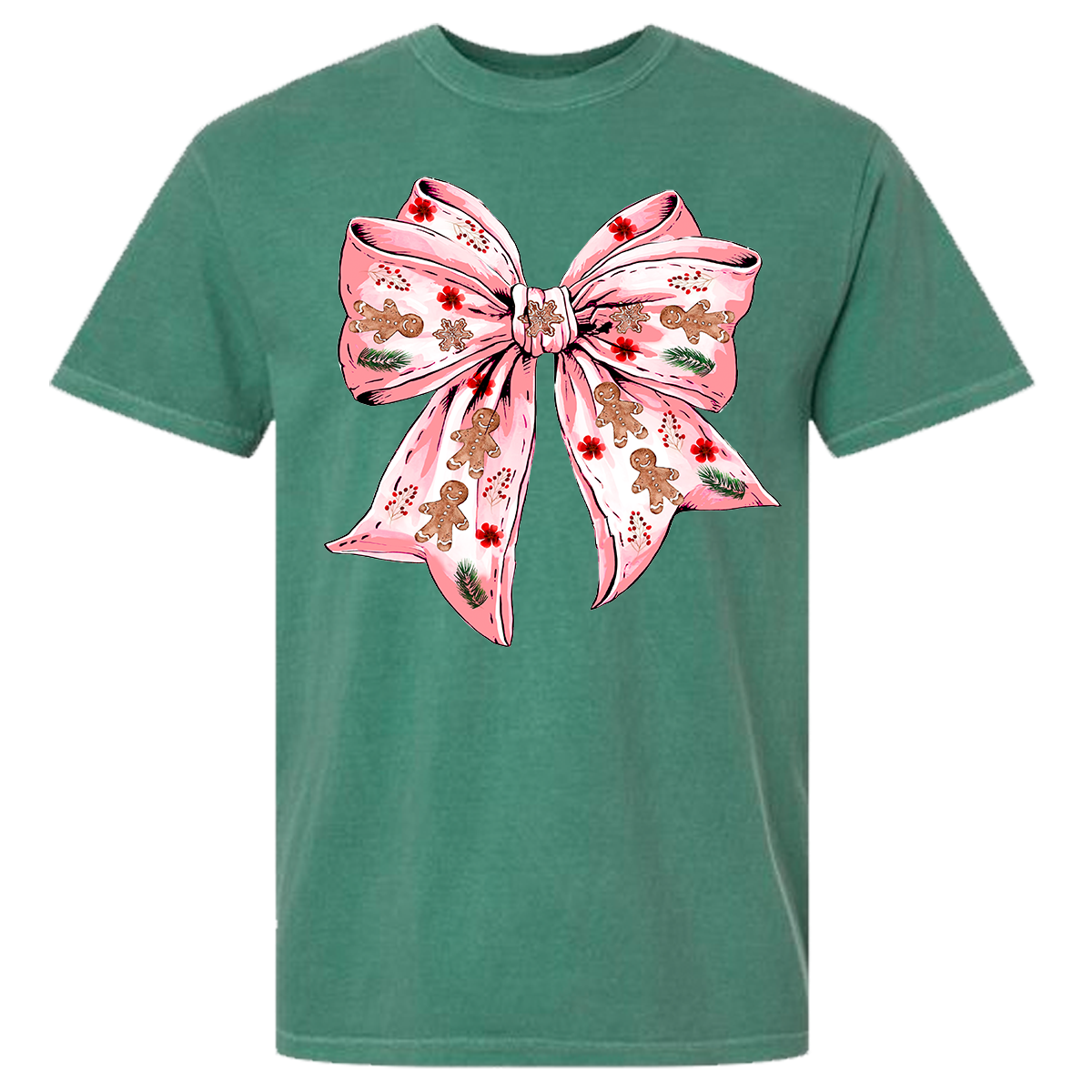 Gingerbread Bow Comfort Color Tee - Light Green