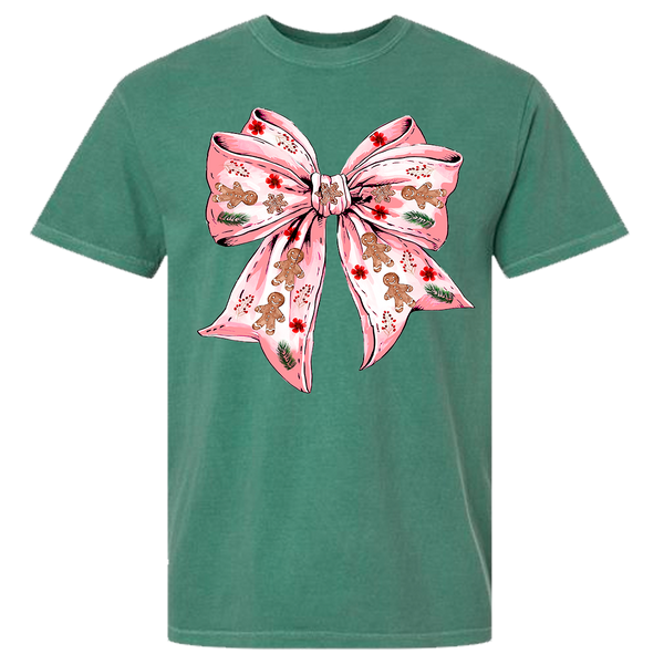 Gingerbread Bow Comfort Color Tee - Light Green