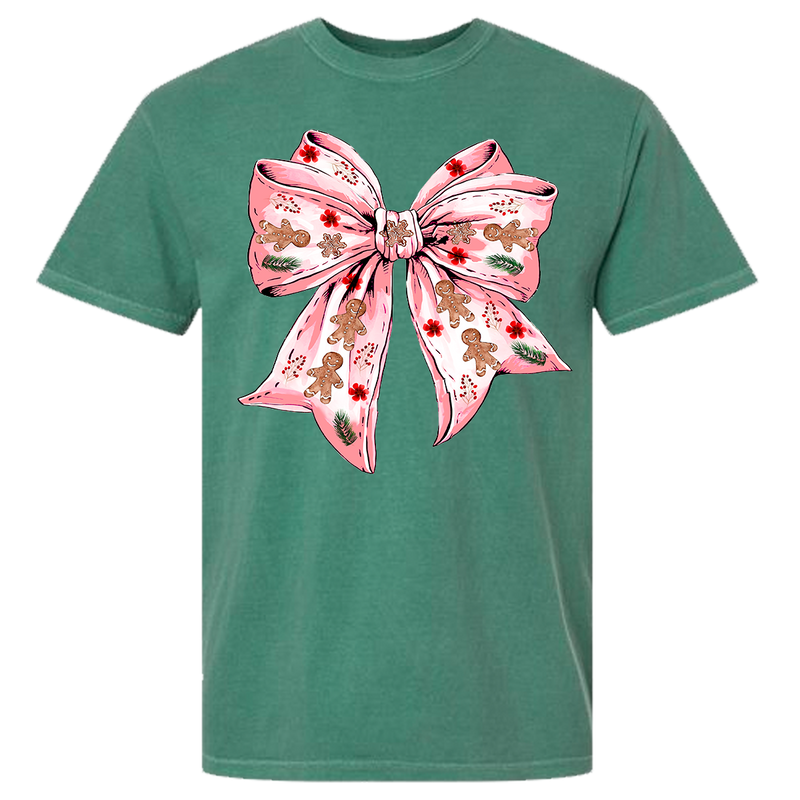 Gingerbread Bow Comfort Color Tee - Light Green