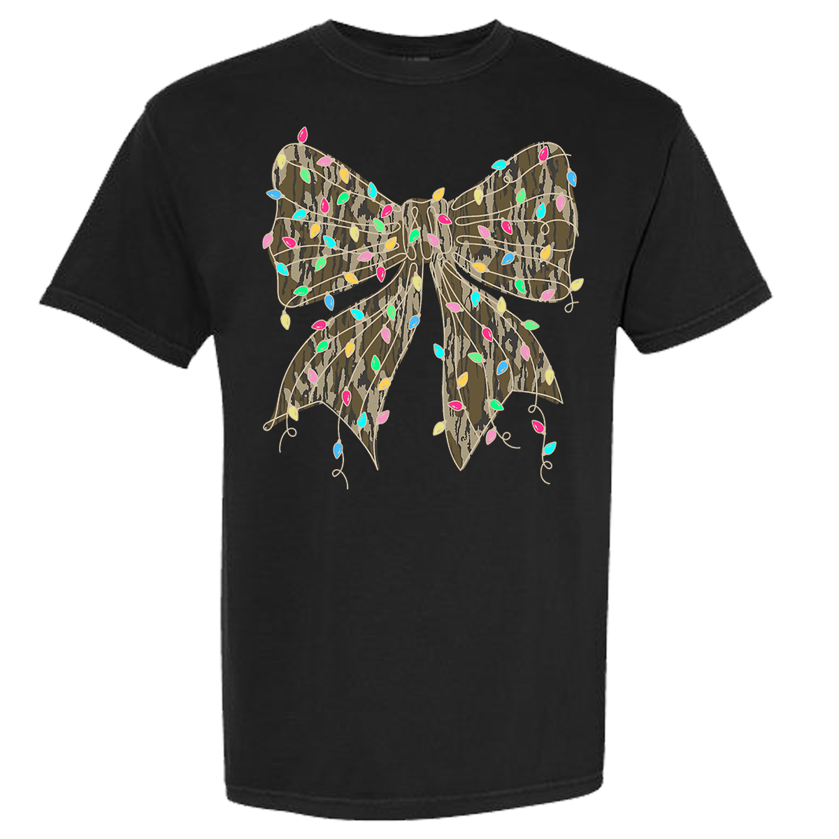 Camo Bow Christmas Lights Comfort Color Tee