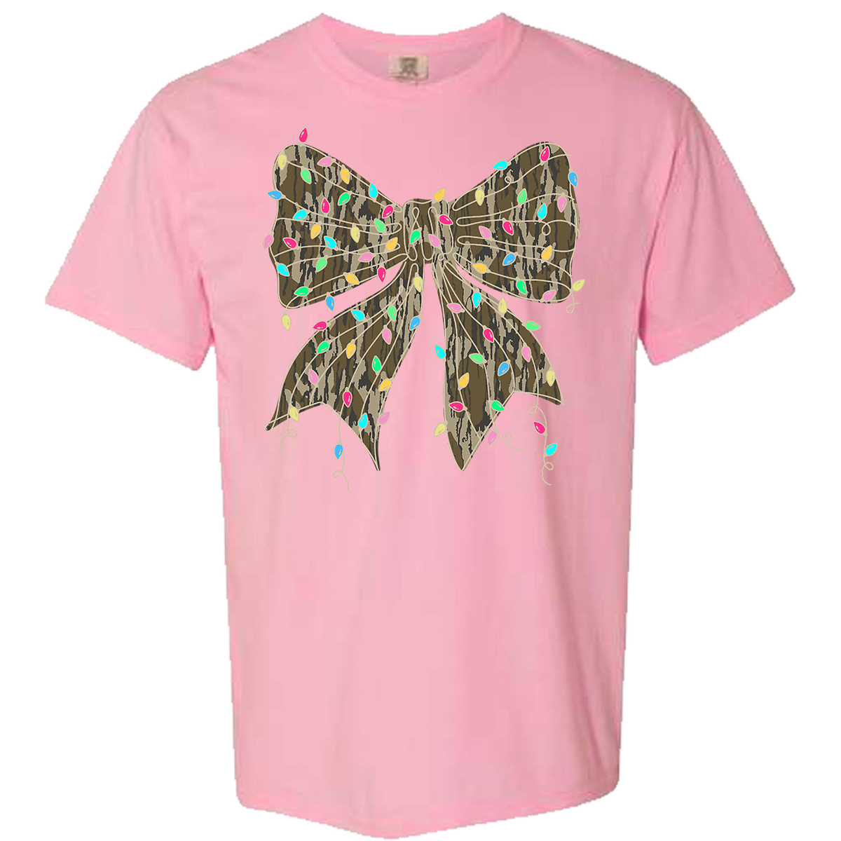 Camo Bow Christmas Lights Comfort Color Tee