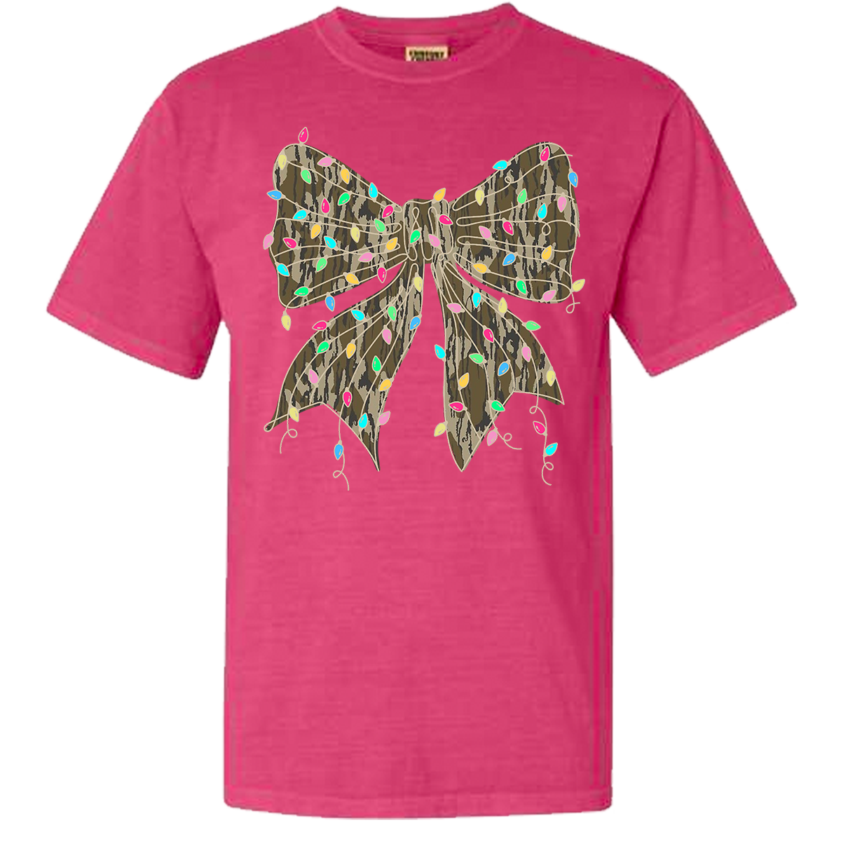 Camo Bow Christmas Lights Comfort Color Tee