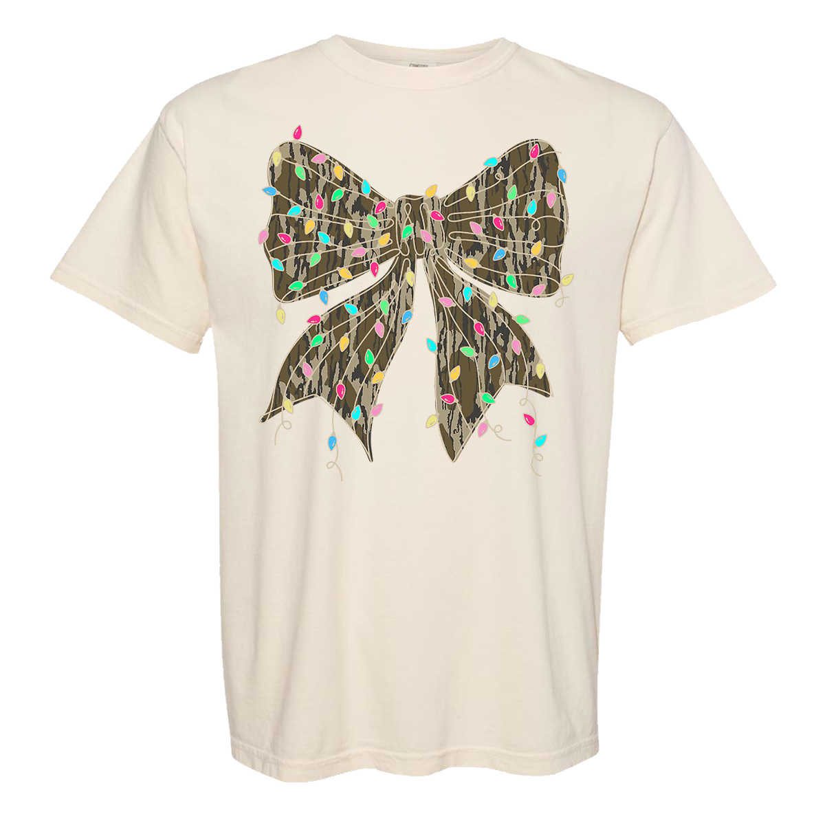 Camo Bow Christmas Lights Comfort Color Tee