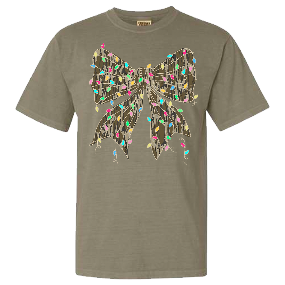 Camo Bow Christmas Lights Comfort Color Tee