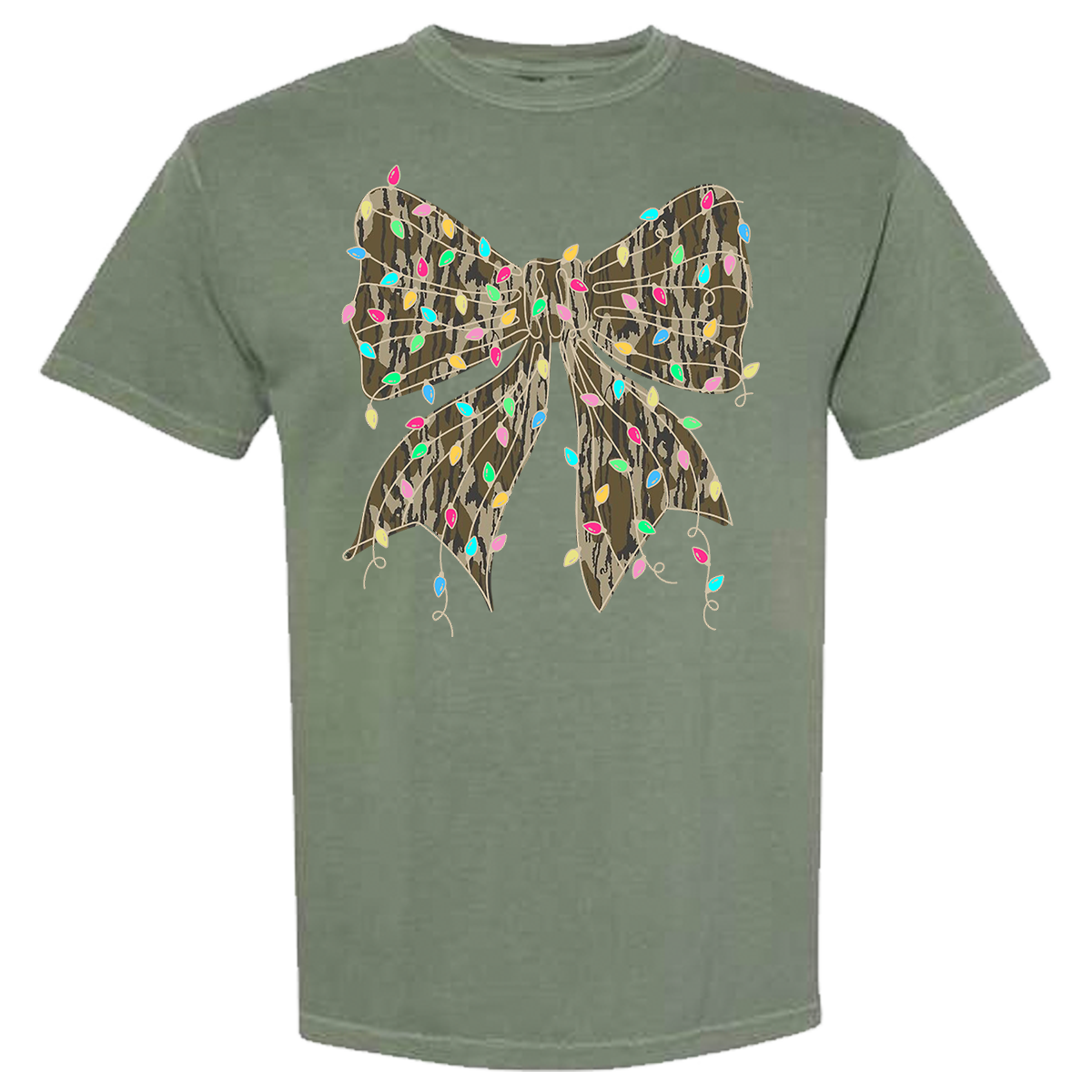 Camo Bow Christmas Lights Comfort Color Tee