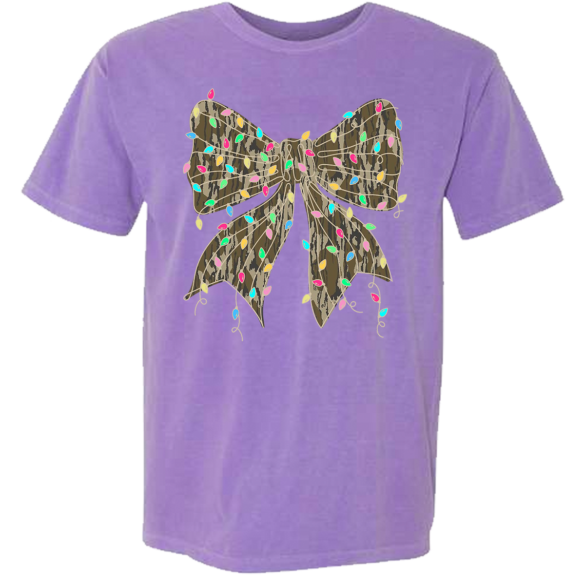 Camo Bow Christmas Lights Comfort Color Tee