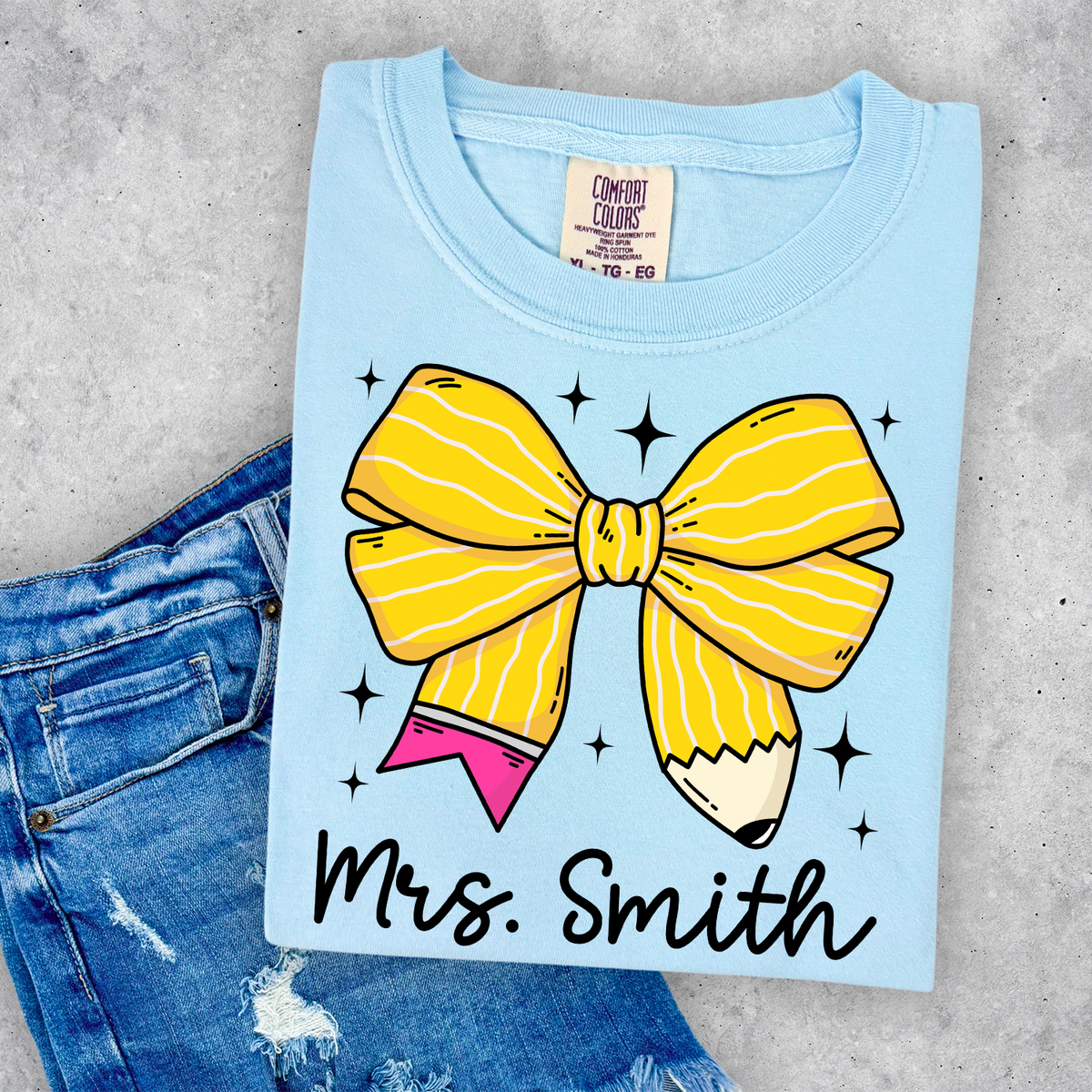 Pencil Bow Personalized Comfort Color Tee - Chambray