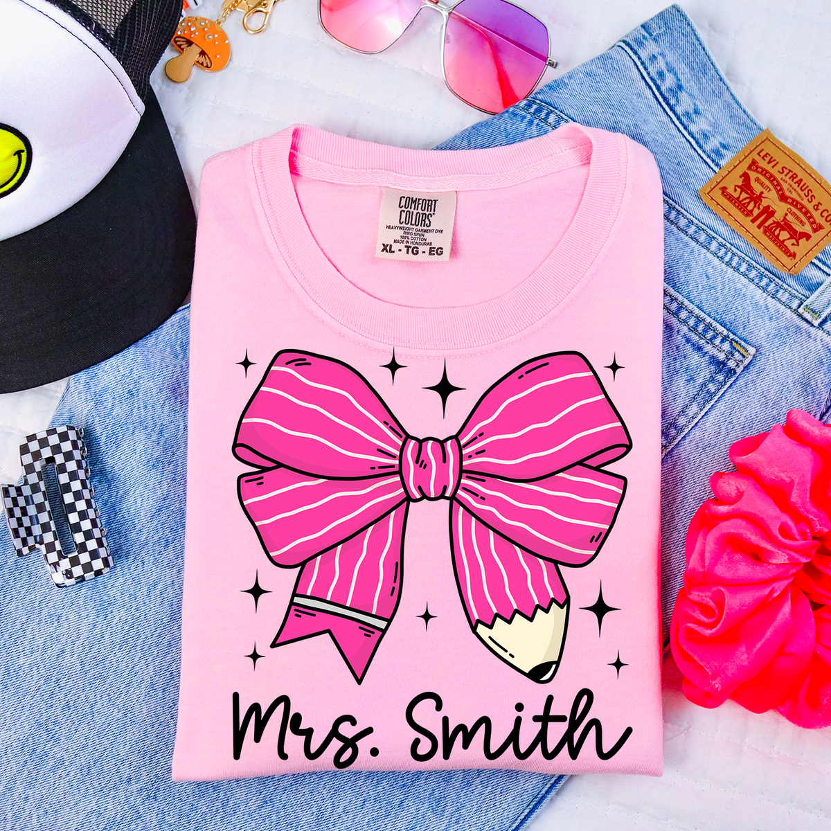 Pencil Bow Personalized Comfort Color Tee - Blossom