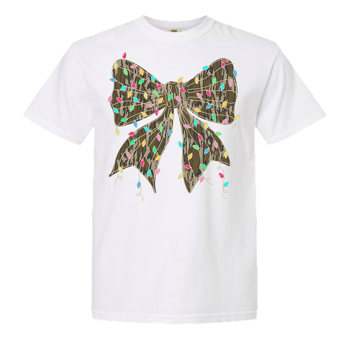 Camo Bow Christmas Lights Comfort Color Tee