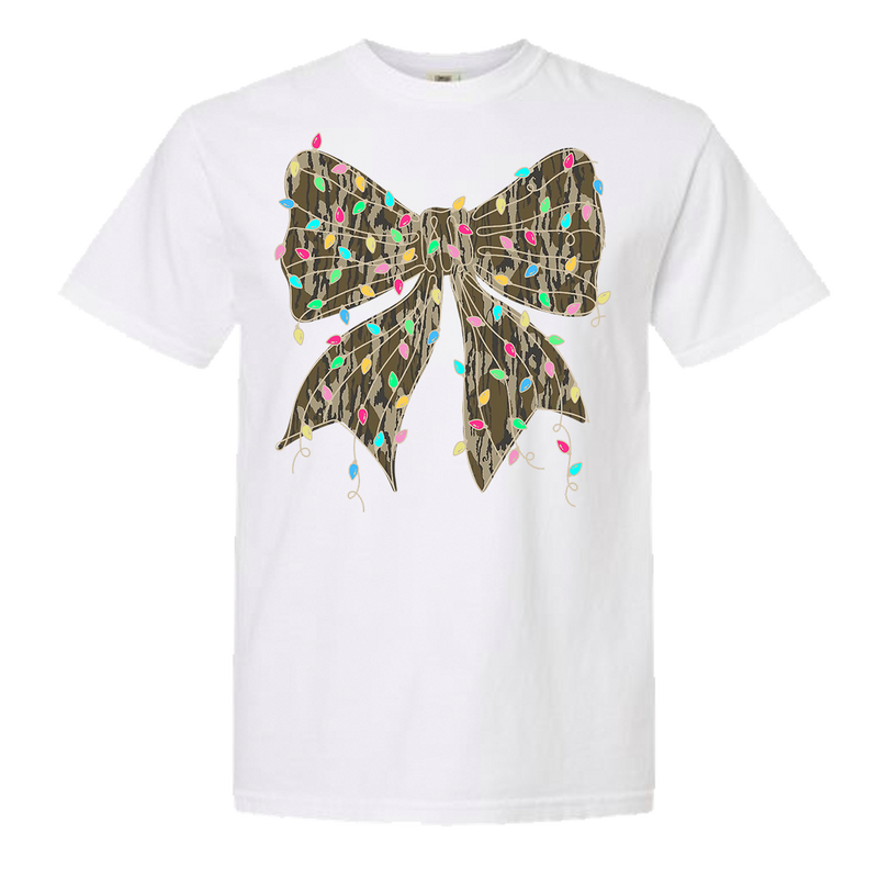 Camo Bow Christmas Lights Comfort Color Tee