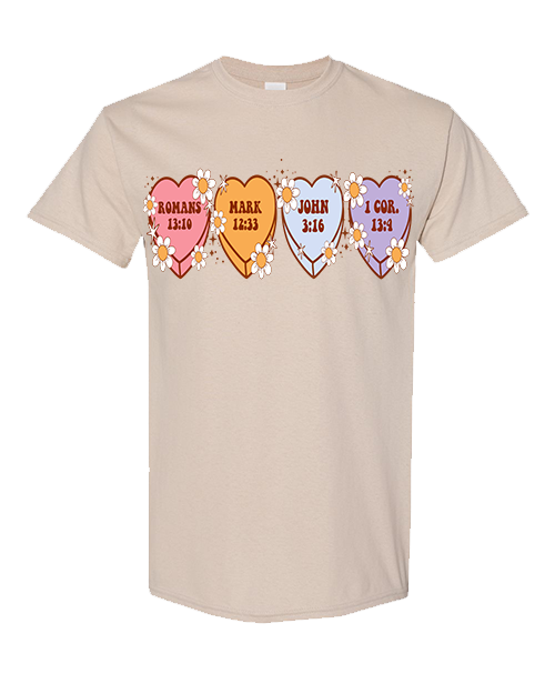 Bible Verse Heart Candy Flower Tee - Sand