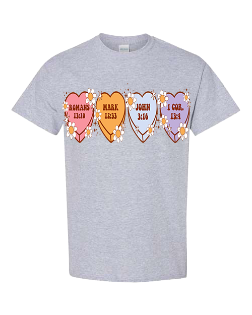 Bible Verse Heart Candy Flower Tee - Sport Grey