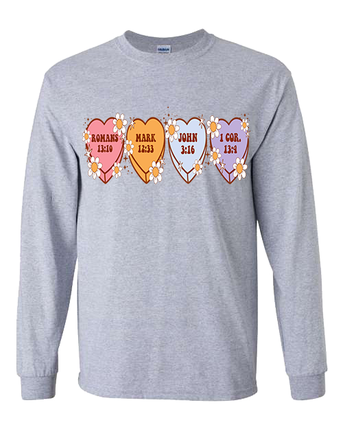 Bible Verse Heart Candy Flower Tee - Sport Grey