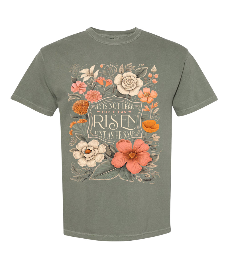 He Has Risen Floral Comfort Colors Tee - Moss